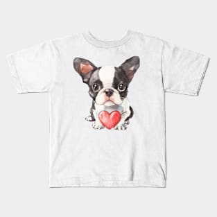 Valentine Boston Terrier Holding Heart Kids T-Shirt